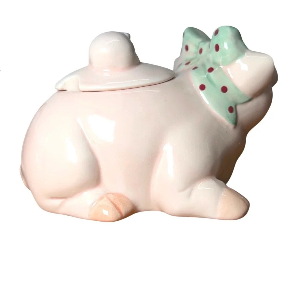 Vintage Pig Creamer and Sugar Bowl Set‎ Pink Ceramic Polka Dot Bows Farmhouse
